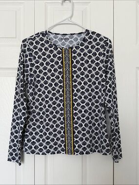 Lands' End Navy and White Geometric Long-Sleeve Top with Yellow Center Stripe